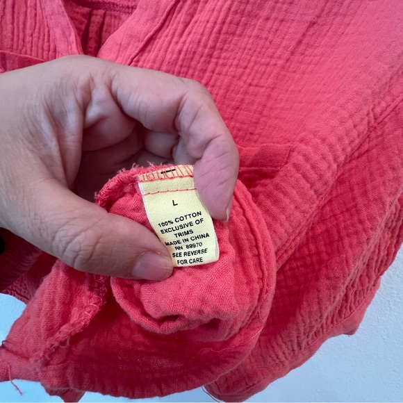 Love Notes Coral Orange Boxy Shirt Size L Button Down 100% Cotton Gauzy Look - Picture 5 of 8